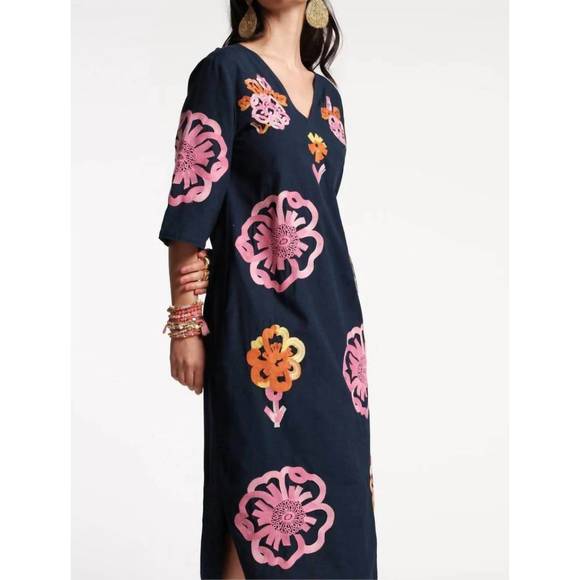 NEW FRANCES VALENTINE emi embroidered dress in graphic gerbera navy pink print - Picture 2 of 5